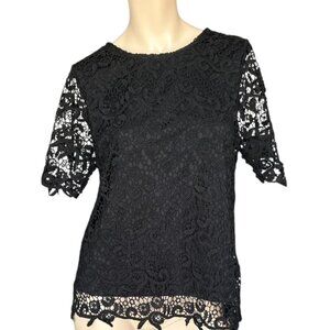 Philosophy Crochet Lace Short Sleeve Black Lined Pearl Keyhole Closure Top Sz M